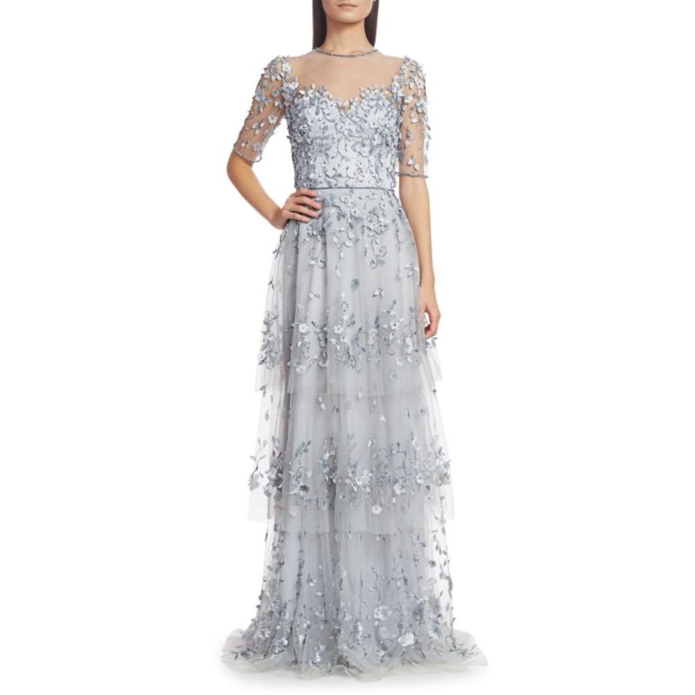 Theia Embellished Tiered Gown Beading & Tulle Pale Lilac Size 8 NWT Elegant